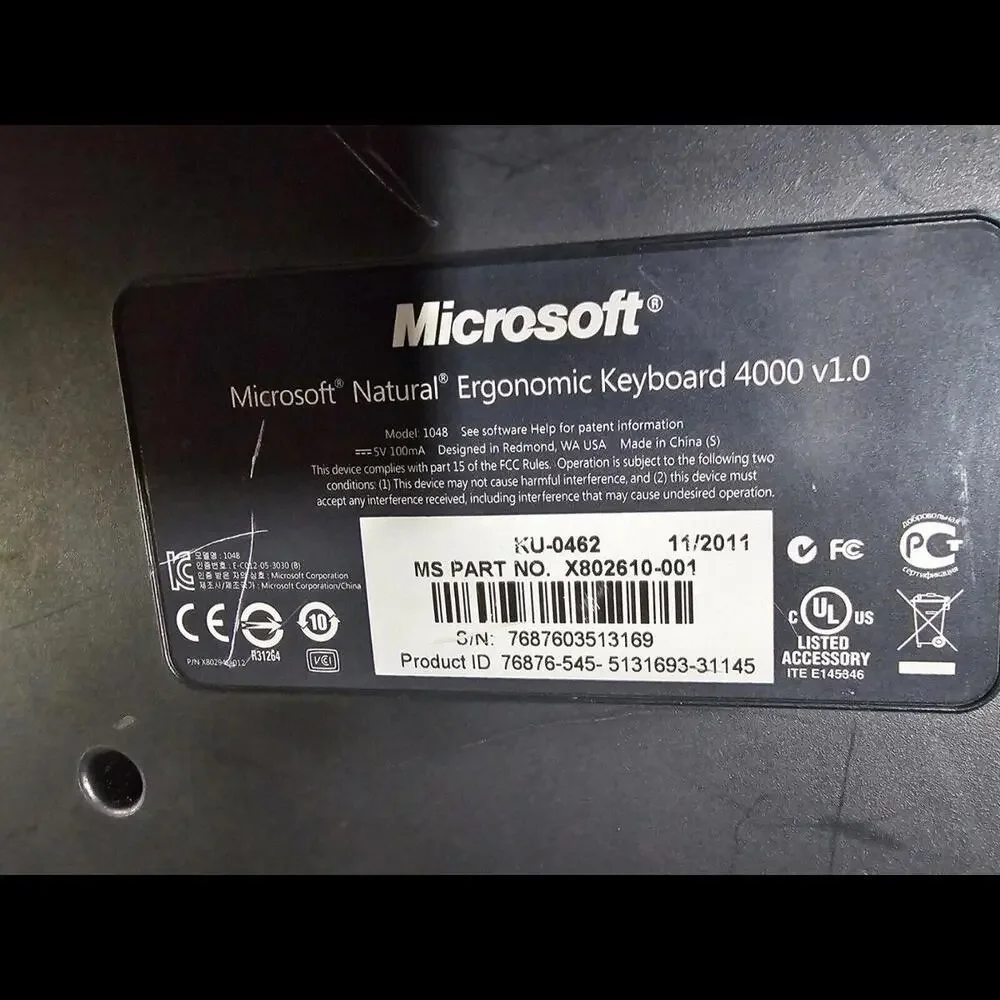 Microsoft Natural Ergonomic Keyboard USB 4000 V1.0 KU-0462 Model 1048 - Untested